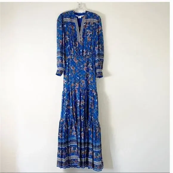 Veronica Beard Sama Silk Maxi Dress 4 Paisley Floral Blue Boho Romantic Western - Picture 10 of 11